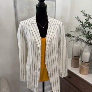 Riva Oversized White Linen Blazer with Navy Stripes
